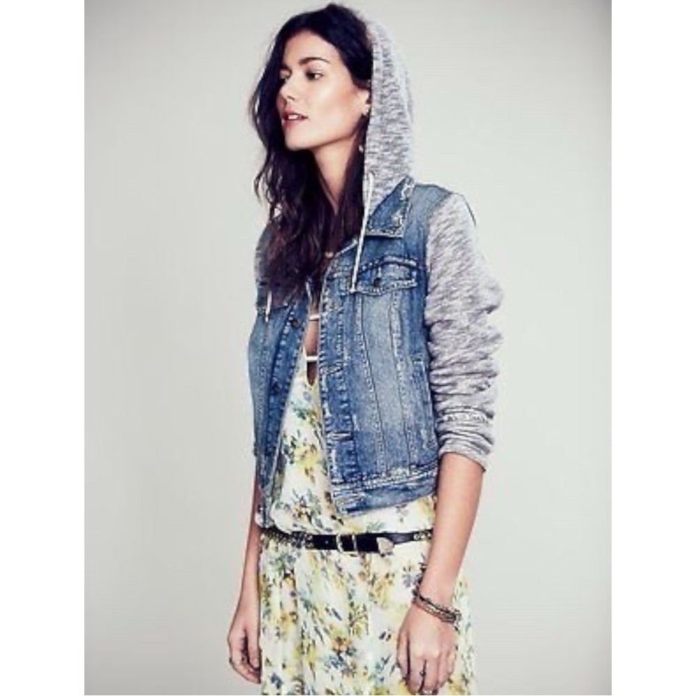 Free People Throwback Denim Jean Hoodie Jacket Sweatshirt Grunge 90s XS